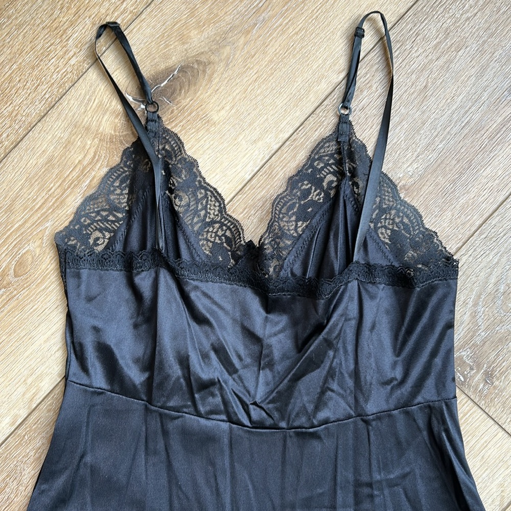 Adonna Black Nylon Lace Trim Sz 36 Small Long Pullover Slip Dress Nightgown VTG - Picture 8 of 8